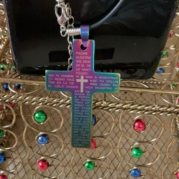 UNISEX VINTAGE LEATHER CHAIN BLUE CROSS/RAINBOW CROSS ITALIAN PRAYER - Picture 6 of 7